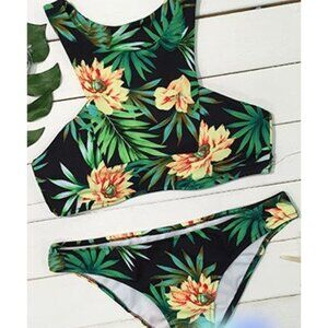 Cupshe Tropical Floral Bikini Set Size XXL Two Piece Racerback High Cut Bottoms